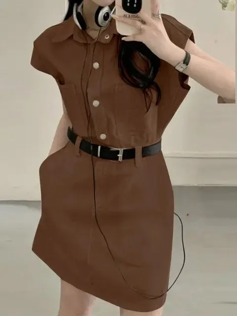 Damen Vintage Ärmelos Cargo-Minikleid mit Reverskragen und Taschen