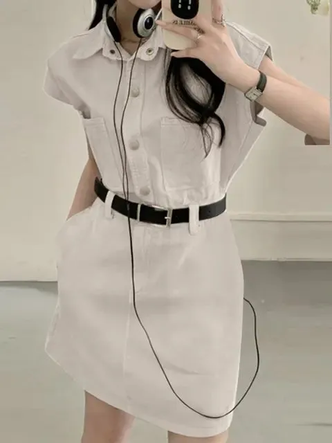 Damen Vintage Ärmelos Cargo-Minikleid mit Reverskragen und Taschen
