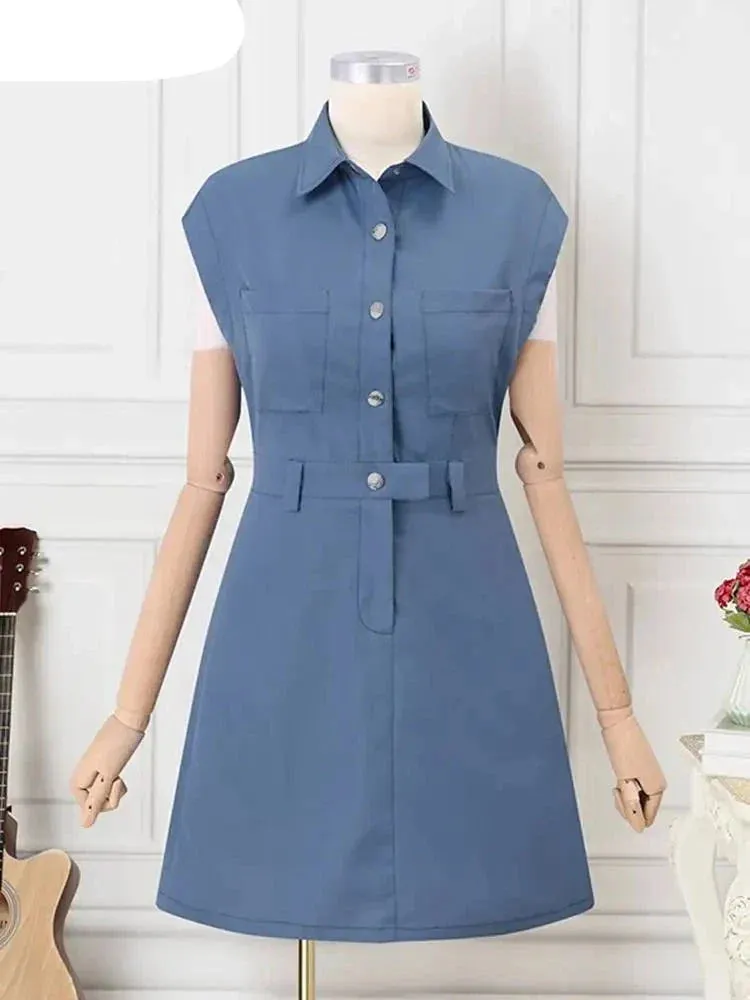 Damen Vintage Ärmelos Cargo-Minikleid mit Reverskragen und Taschen