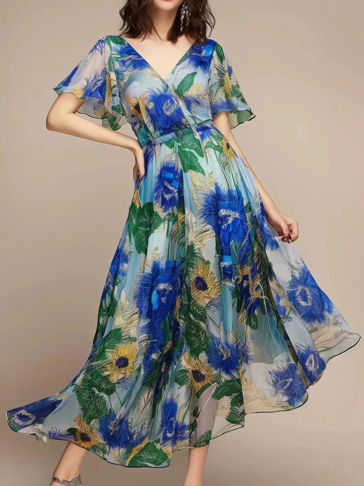 Heidi – kurzärmeliges maxikleid mit romantischem blumendruck