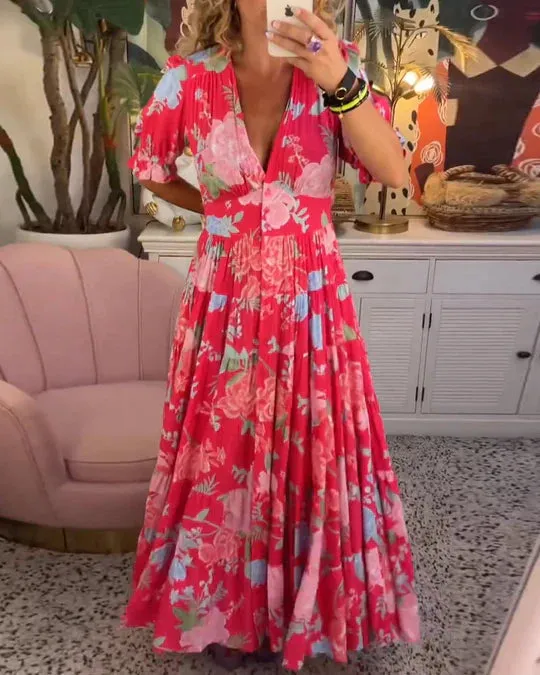 maxikleid: tiefer v-ausschnitt, volantsaum