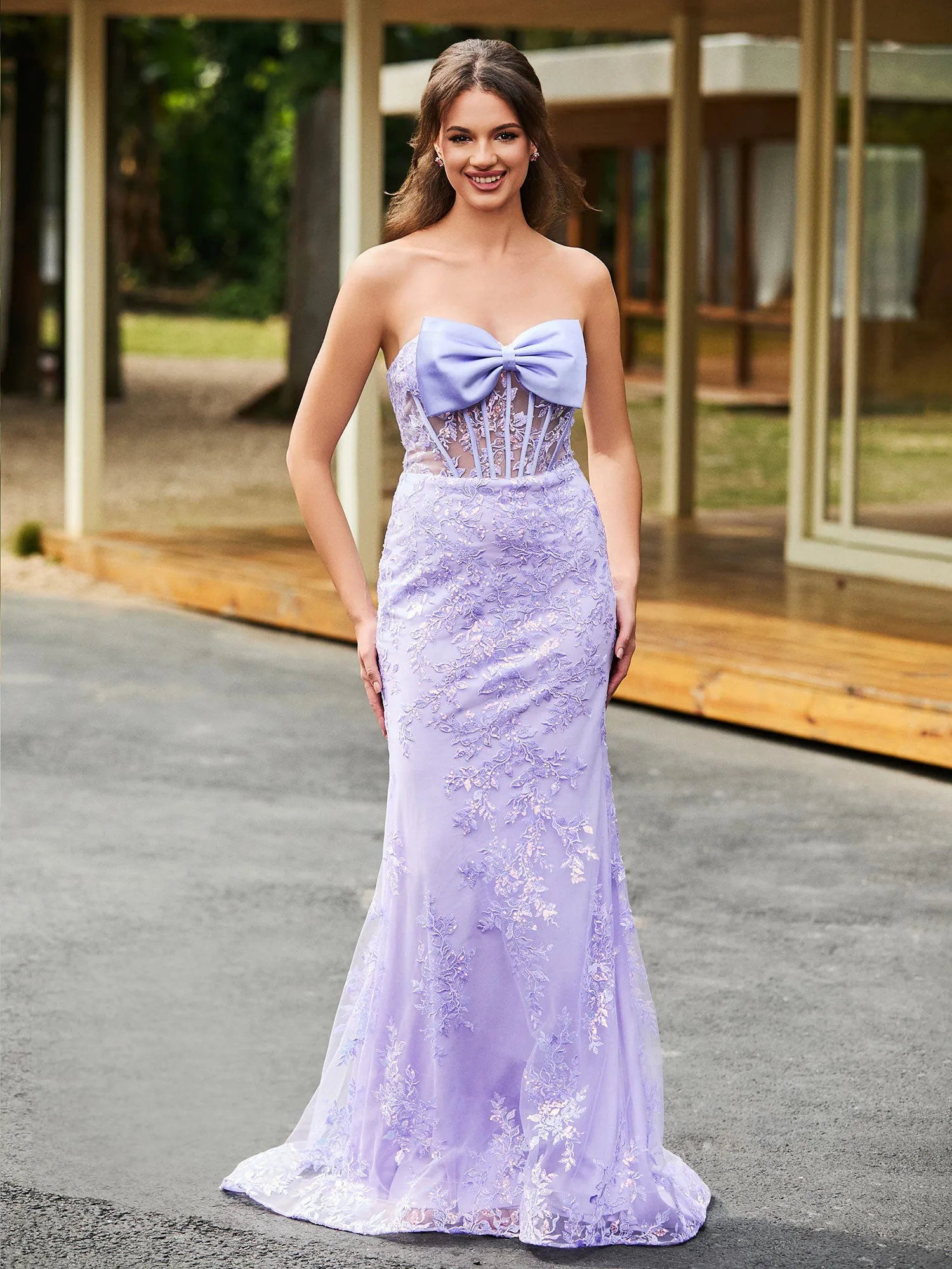 Schleife Vorne Spitzenapplikation Trompete/Meerjungfrau Kleid Lila