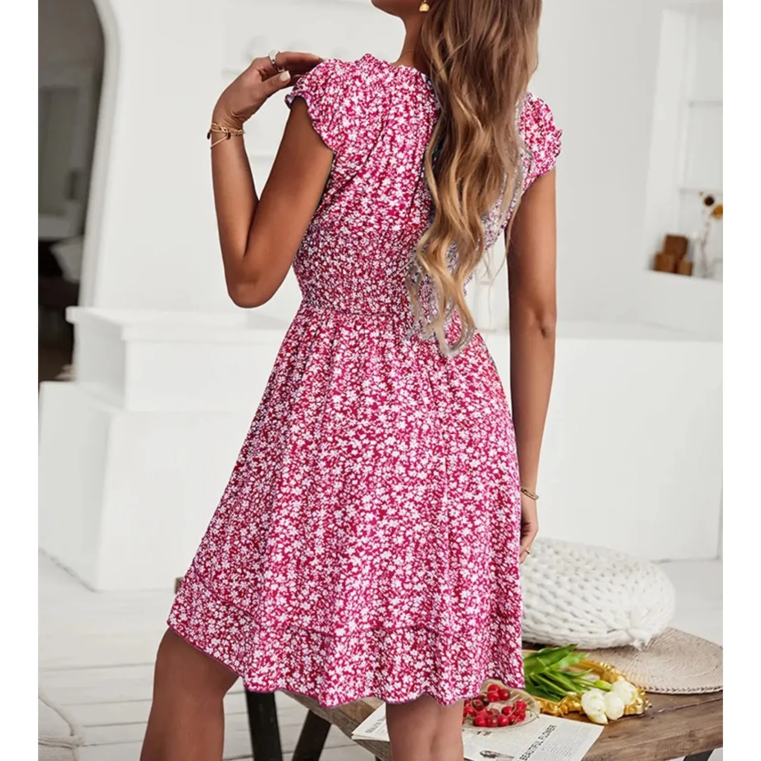 Schulter Minikleid mit Blumenmuster für Damen