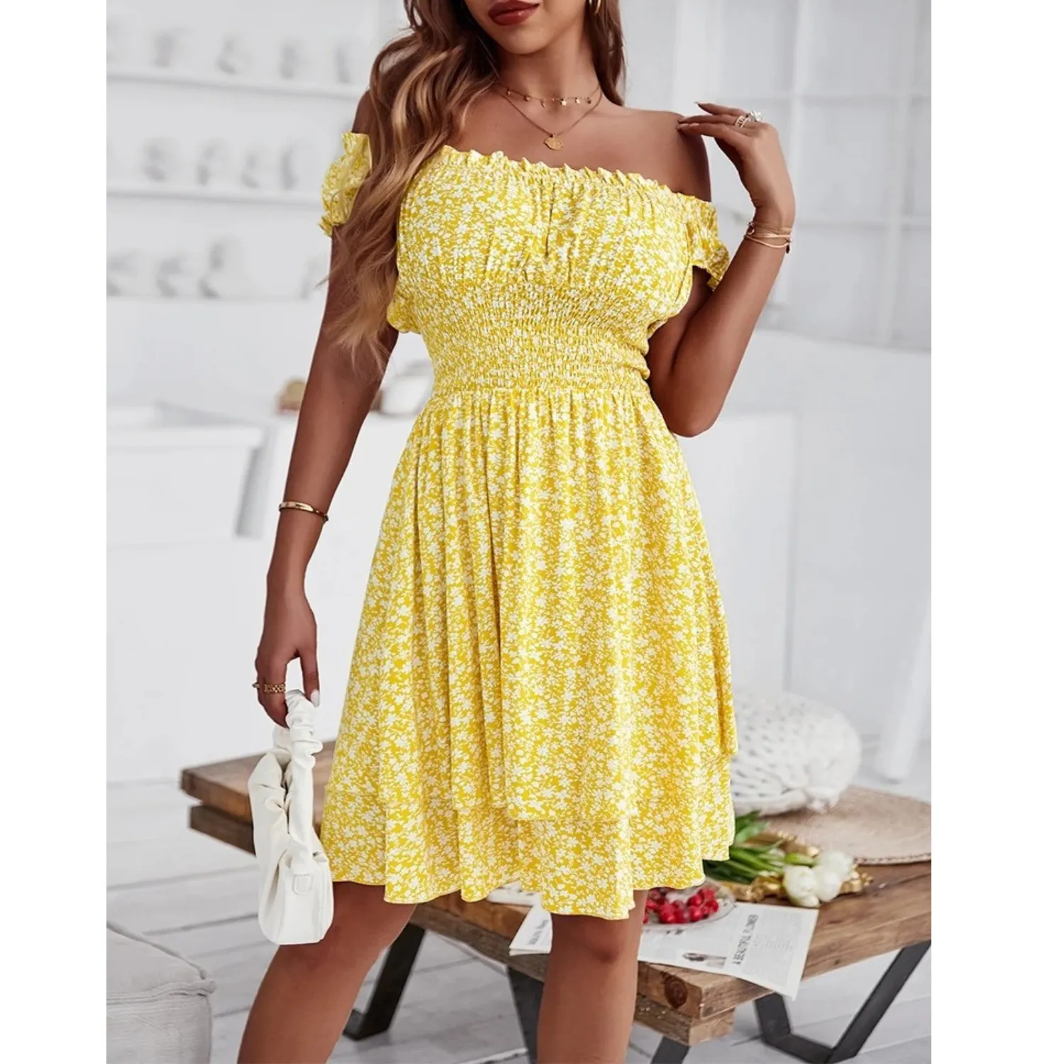 Schulter Minikleid mit Blumenmuster für Damen